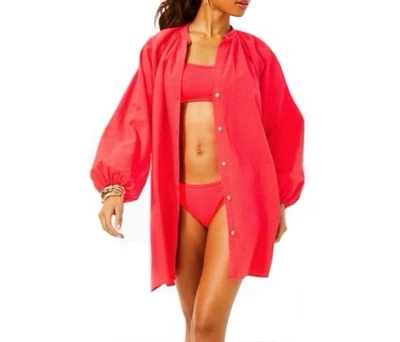 Lilly Pulitzer Andrae Cover-Up Mizner Red Size S NWT Button Shirtdress Cotton - Image 1 of 4