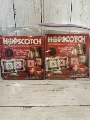 Lot of 2 Vintage Hopscotch Cross Stitch Fabric Brown Beige Charles Craft Inc New - Image 1 of 4