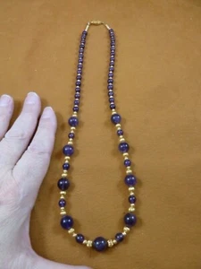 (v306-B) 20" long purple Amethyst gemstone bead + gold brass beaded Necklace - Picture 1 of 2