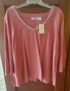 SELENE SPORT PLUS SIZE V-NECK LADIES SEQUIN ENHANCED TOPS 3X LINEN BLEND LOT/2 - Picture 1 of 6