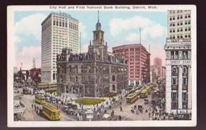 MICHIGAN MI ca 1920s Detroit City Hall First National Bank Bldg Trolley postcard - Picture 1 of 2