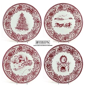 Restoration Hardware HOLIDAY 10" Tin Plate Set 4 Christmas 2003 Red Transferware - Picture 1 of 22