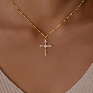 14K Gold Plated Vintage Cross Pendant Necklaces for Women Trendy Ever... - Picture 1 of 6