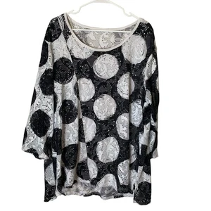 Onque Casual Lined Polka Dot Top Size 2X Boho Artsy Lagenlook Mesh Overlay - Picture 1 of 5
