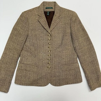 Ralph Lauren Blazer Coat Womens 8 Herringbone Silk Linen Brown Beige Button Down - Image 1 of 4