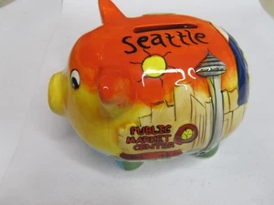 Piggy Bank Seattle Landmarks Hand Painted 6" Pig Unique HTF - Picture 1 of 6