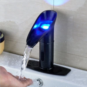 Sensor automático grifo negro cascada lavabo sin contacto grifo LED - Imagen 1 de 11