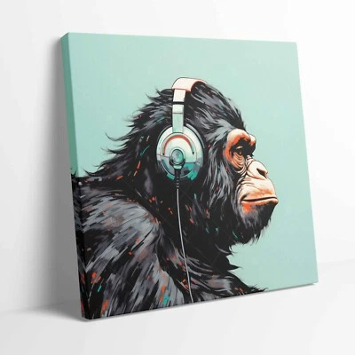 Gorilla Listen to Music Pop Art Stretched Canvas Print Wall Deco Art More Sizes - Image 1 of 4