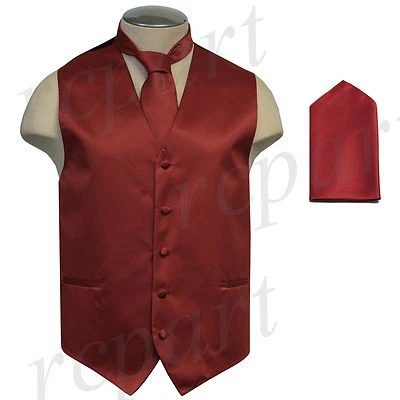 New Brand Q Men's Tuxedo Vest Waistcoat Necktie & Hankie Set Burgundy Party Prom - Image 1 of 4
