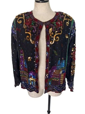 Together Vintage Womens Jacket Size 2X Black Sequin Long Sleeve Pure Silk - Image 1 of 4