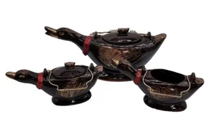 Vintage Redware Japan 3 Piece Duck Tea Set Metal Handles 2 Lids With Chips - Picture 1 of 21