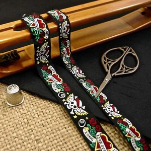 Long Live Our Love Tattoo Skull Designer Jacquard Art Ribbon Dog Collar MA907 - Picture 1 of 5