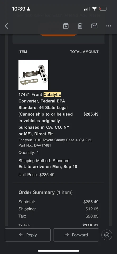 2010 toyota camry 2.5 catalytic converter - Image 1 of 1