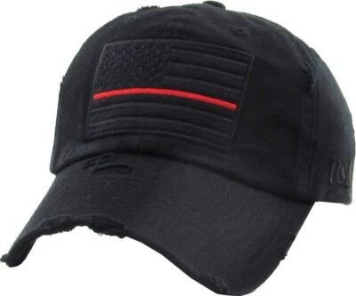 Fire Department Firefighters Red Line Flag Black Adjustable Cap Hat by KB Ethos - Image 1 of 3