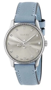 Reloj Gucci G-Timeless de cuarzo esfera plateada correa de cuero azul para dama YA1265039 - Imagen 1 de 9