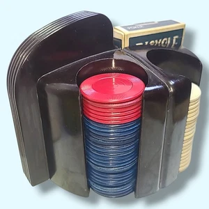 Vintage Art Deco Bakelit Poker Chip Caddy mit Chips & Karten - Bild 1 von 13