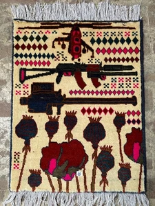 Unique Opium Designs Tribal Handmade Afghan War Pictorial Wool Area Rug 3 x 2 Ft - Picture 1 of 21