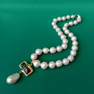 19" 12mm White Nuclear Pearl Necklace White Baroque Pearl Crystal Pendant - Picture 1 of 6