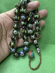 Antique Enameled Prayers Beads 33 Beads Rosary Very Rare Black Green 79g R15 - Picture 1 of 18