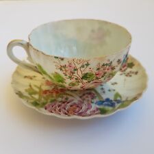 Antique Chinese tea cup saucer thin porcelain floral flowers painted scalloped