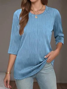 Womens Top 3/4 Sleeve Shirts Round Neck Loose Casual Blouses Solid Color Tshirt - Picture 1 of 14