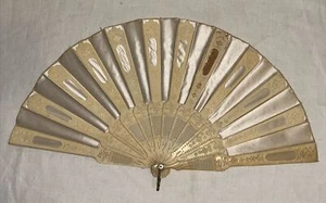American Victorian Ivory Silk & Carved Bone Hand Fan Mother of Pearl Clasp - Picture 1 of 9
