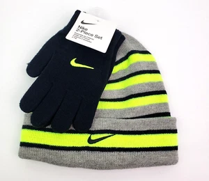 Nike Youth Sz 8/20 Gray Black Volt Striped Knit Winter Beanie Hat Glove 2Pc Set - Picture 1 of 5