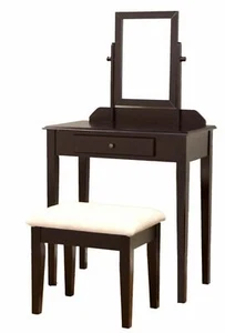 Mahogany Brown Wooden 3 pc Vanity Set Mirror Table Stool Makeup Drawer Bedroom - Picture 1 of 3