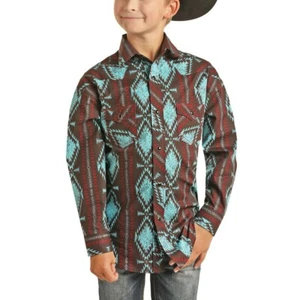 Rock & Roll Cowboy Boy's Aztec Print Dark Brown Snap Shirt B8S1314 - Picture 1 of 1