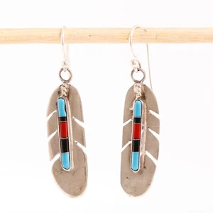 OLD PAWN STERLING SILVER TURQUOISE ONYX CORAL INLAY FEATHER DANGLE EARRINGS - Picture 1 of 3
