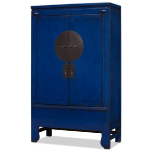 US Seller - Distressed Navy Blue Elmwood Chinese Ming Wedding Armoire - Picture 1 of 5