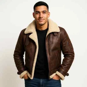 Hombres B3 Bomber Fux Chaqueta de Piel de Oveja Marrón Envejecido Abrigo de Cuero Real - Imagen 1 de 4