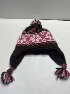 Target toddler Pink White Brown Winter Hat with ear flaps and pom poms 2-5T - Picture 1 of 8