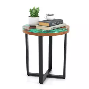 20" Round Teak Wood End Table Solid Live Edge Outdoor Side Table w/Mahogany Base - Picture 1 of 10
