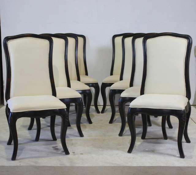 Set of 4 high back French Provincial oak chairs antiqued black off white fabric - Image 1 of 4