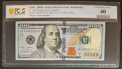 NQC Radar Serial Fr 2187-E 2009A $100 - PCGS 40 EF - Image 1 of 2