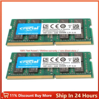 CRUCIAL DDR4 16GB 3200 2x PC4-25600 Laptop Memory RAM SODIMM 2Pcs 16GB 3200MHZ - Image 1 of 4