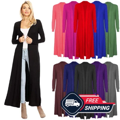 Womens Long Sleeve Maxi Cardigan Ladies Collared Boyfriend Long Full Sleeve 8-26 - Image 1 of 4