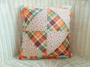 Vintage Flour Sack Quilt Square 14" Decorator Pillow Orange Blue Aqua 1930 1940s - Picture 1 of 5