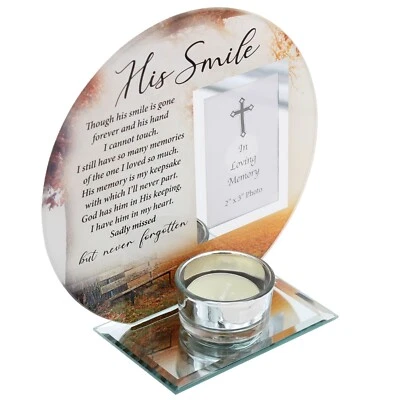 Glass Memorial Votive Tea Light Candle Holder with Photo Frame - His Smile - Image 1 of 4