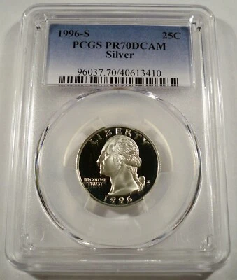 1996-S 25c SILVER PCGS PR70DCAM WASHINGTON QUARTER PROOF DEEP CAMEO PR 70 DC - Image 1 of 3