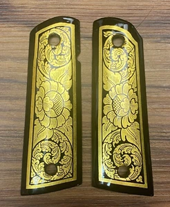 1911 Grips BLACK w/ GOLD TONE FLORAL SCROLL LEAF WOOD FULL SIZE NOS *USA SHIPPER - Picture 1 of 10
