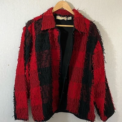 Vintage Carrie Allen Red and Black Check Shaggy Button Down Retro Jacket - Image 1 of 4