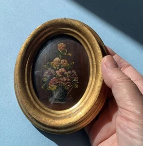 Vintage Italien Ölgemälde kleiner Goldrahmen Stillleben Blumen signiert (h) - Bild 1 von 10