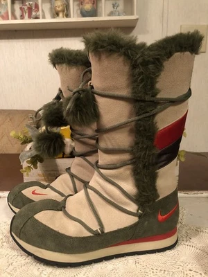 Nike Snow Boots Women’s 8 NWOB Mid-Calf Winter Faux Fur Crimson Beige Green - Image 1 of 4