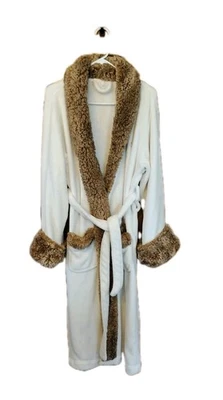 POTTERY BARN Faux Fur Bath Robe Size Medium Monogram Brown Cream   - Image 1 of 4