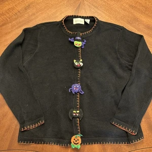 Vintage XL Lemon Grass Halloween Sweater Black Cardigan Pumpkin Witch Cat Bat - Picture 1 of 7