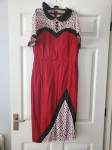 Lindy Bop Heart Print Dark Red Pink Wiggle Dress UK 12 - Picture 1 of 7