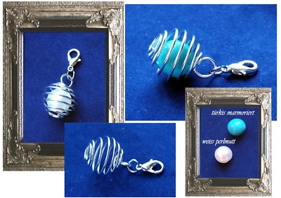 CHARM ANHÄNGER KÄFIG für PERLE 8mm weiss türkis mit 925er SILBER Karabiner  - Bild 1 von 2