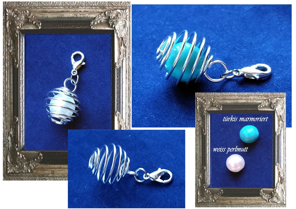 CHARM ANHÄNGER KÄFIG für PERLE 8mm weiss türkis mit 925er SILBER Karabiner  - Bild 1 von 2